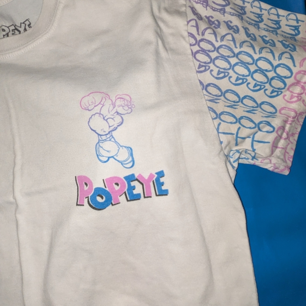 Popeye Graphic Tee Size Medium and Shein Blue Faux Leather Pants Size Small - Picture 2 of 6